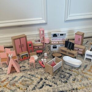 Miniature Dollhouse Furniture Set in Pink and Wood
